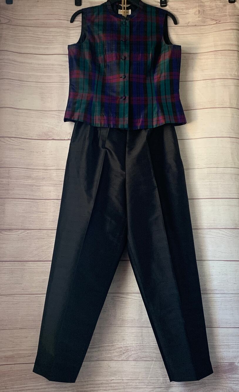 Vintage Talbots Petites Silk Pant Outfit Plaid Button Top Cropped Pants Size 10
